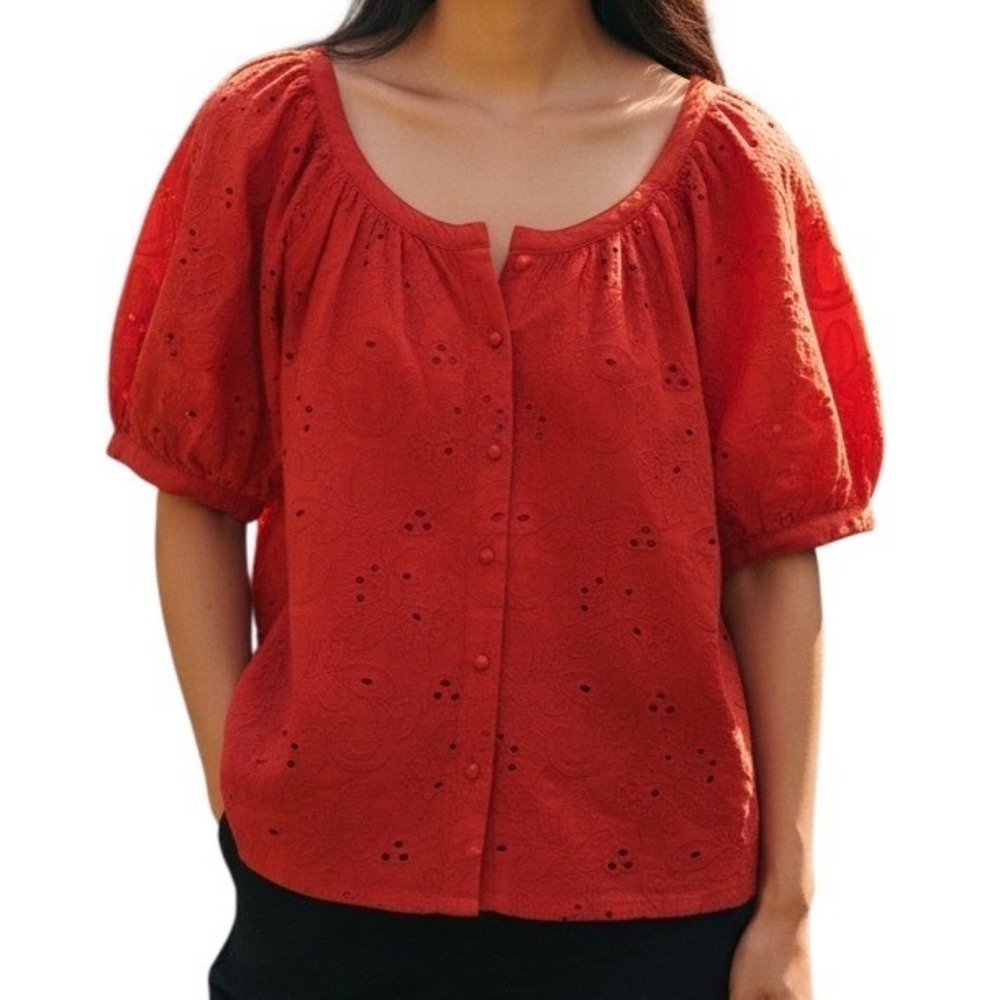 Artelier Nicole Miller Red Eyelet Cotton Puff Sleeve Blouse Top Mens Size M